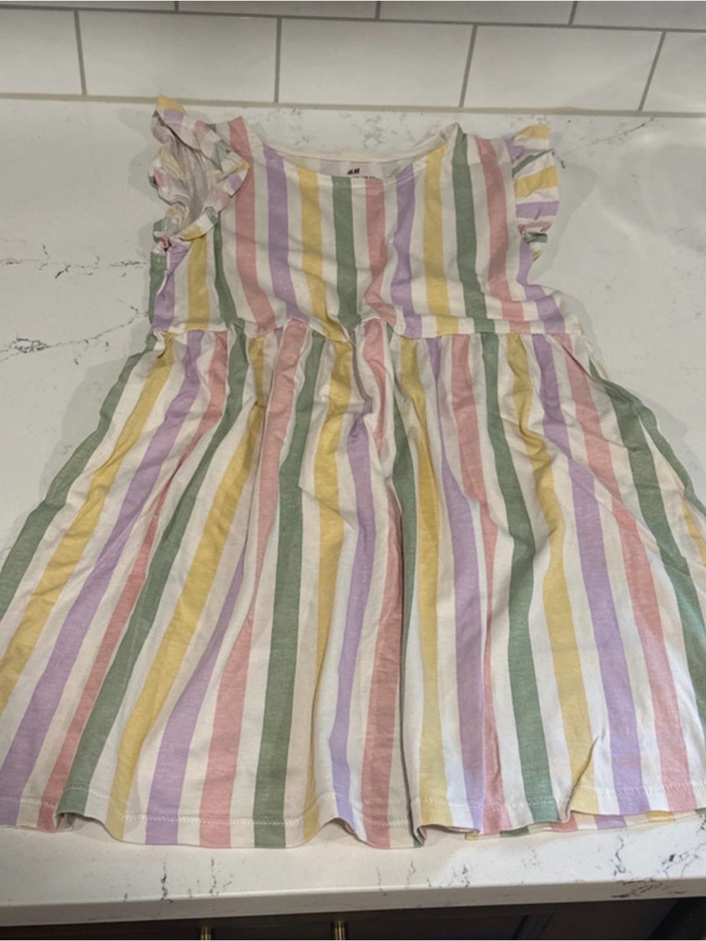 H&M Girls' Pastel Multi-Stripe Ruffle Sleeve Dress